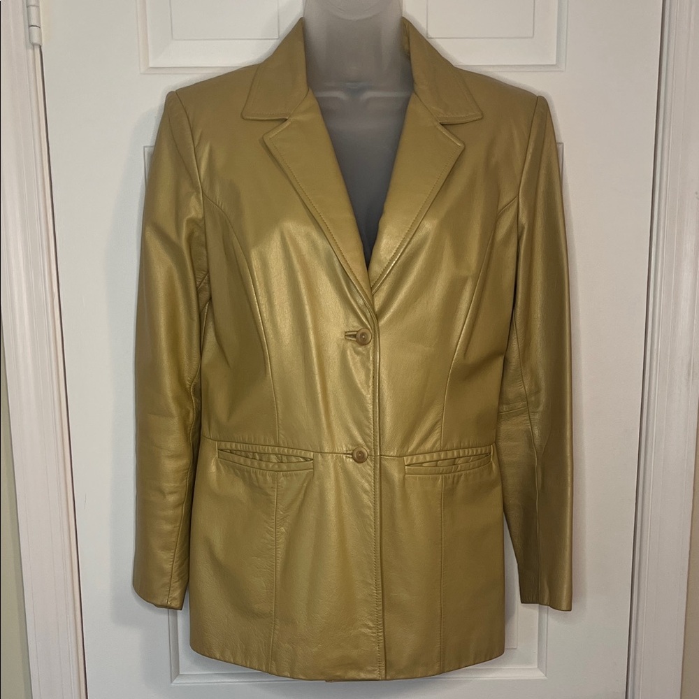 🌻Nordstrom 100% Leather Blazer/Jacket Classiques Entier. Mustard 7/8 Length